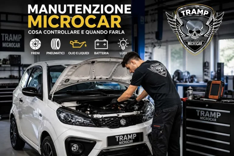 Meccanico Tramp Microcar esegue manutenzione su microcar in officina controllando motore, freni, pneumatici e batteria per garantire sicurezza e affidabilità