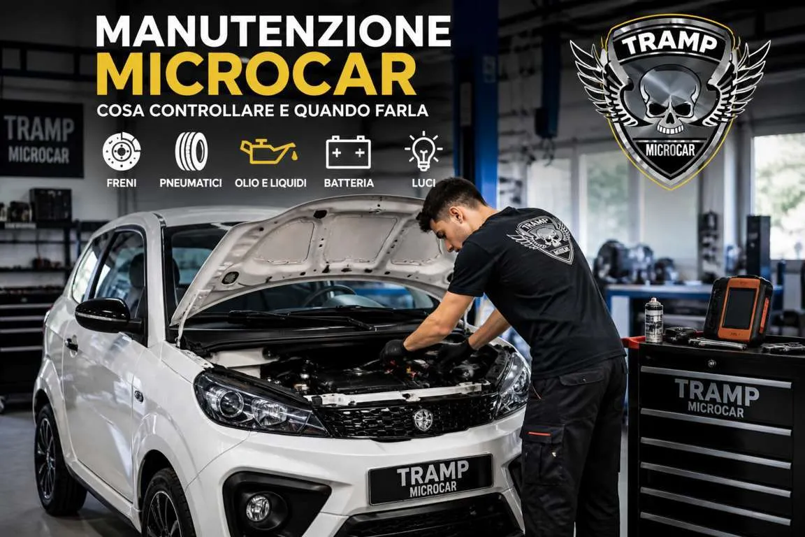 Meccanico Tramp Microcar esegue manutenzione su microcar in officina controllando motore, freni, pneumatici e batteria per garantire sicurezza e affidabilità