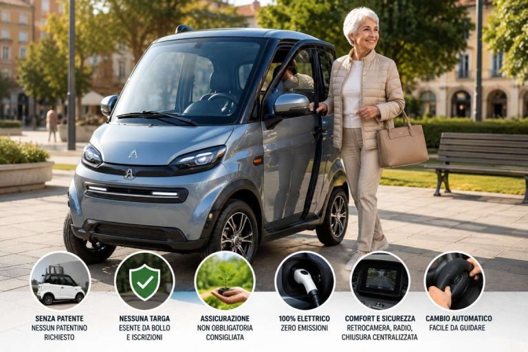 Veicolo elettrico cabinato UFO Active utilizzabile senza patente grazie alla particolare omologazione come ausilio per la mobilità.