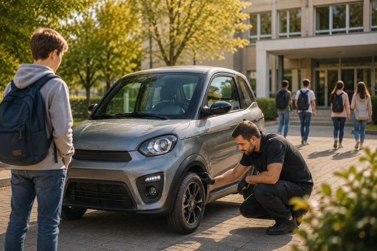 Microcar parcheggiata davanti a una scuola con uno studente che si prepara al rientro e un tecnico Tramp Microcar che effettua un controllo di sicurezza.