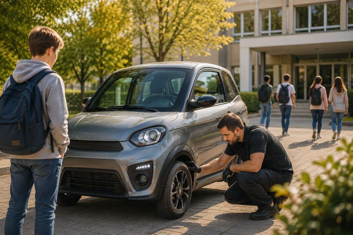 Microcar parcheggiata davanti a una scuola con uno studente che si prepara al rientro e un tecnico Tramp Microcar che effettua un controllo di sicurezza.